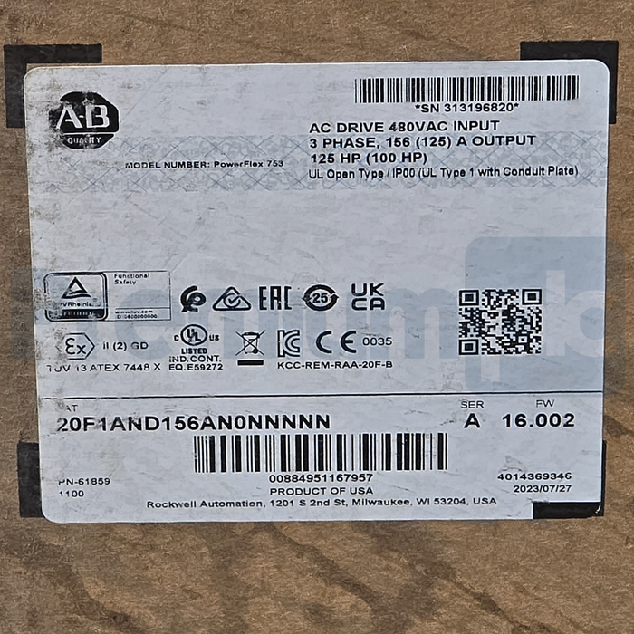 Allen Bradley 20F1AND156AN0NNNNN /A PowerFlex 753 AC Drive 480V 125HP 156A NSMP