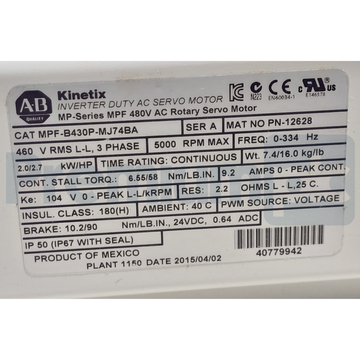 Allen Bradley MPF-B430P-MJ74BA /A MPF Food Grade Servo Motor 460V w/Brake NSMP
