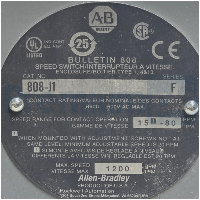 Allen Bradley 808-J1 /F Low Speed 808 Speed Switch Style-J 15-80 RPM 808J1 NSMP