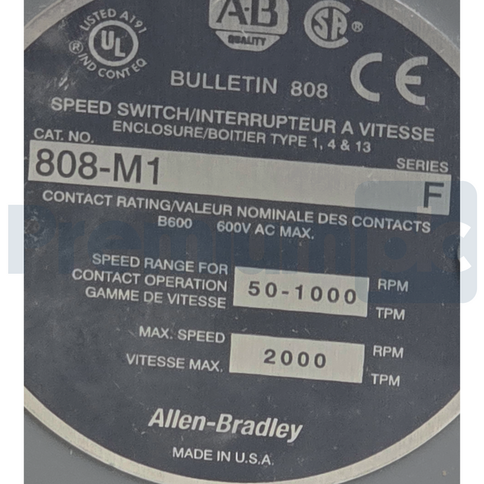Allen Bradley 808-M1 /F Speed Switch Style M High Speed 50-1000RPM 808M1 NSMP