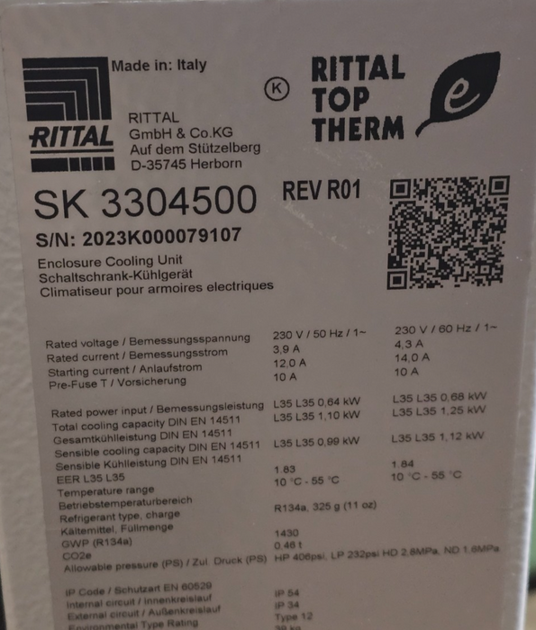 Rittal SK 3304500 TopTherm Blue e Wall-Mounted Cooling Unit - 1000W 230V NSMP