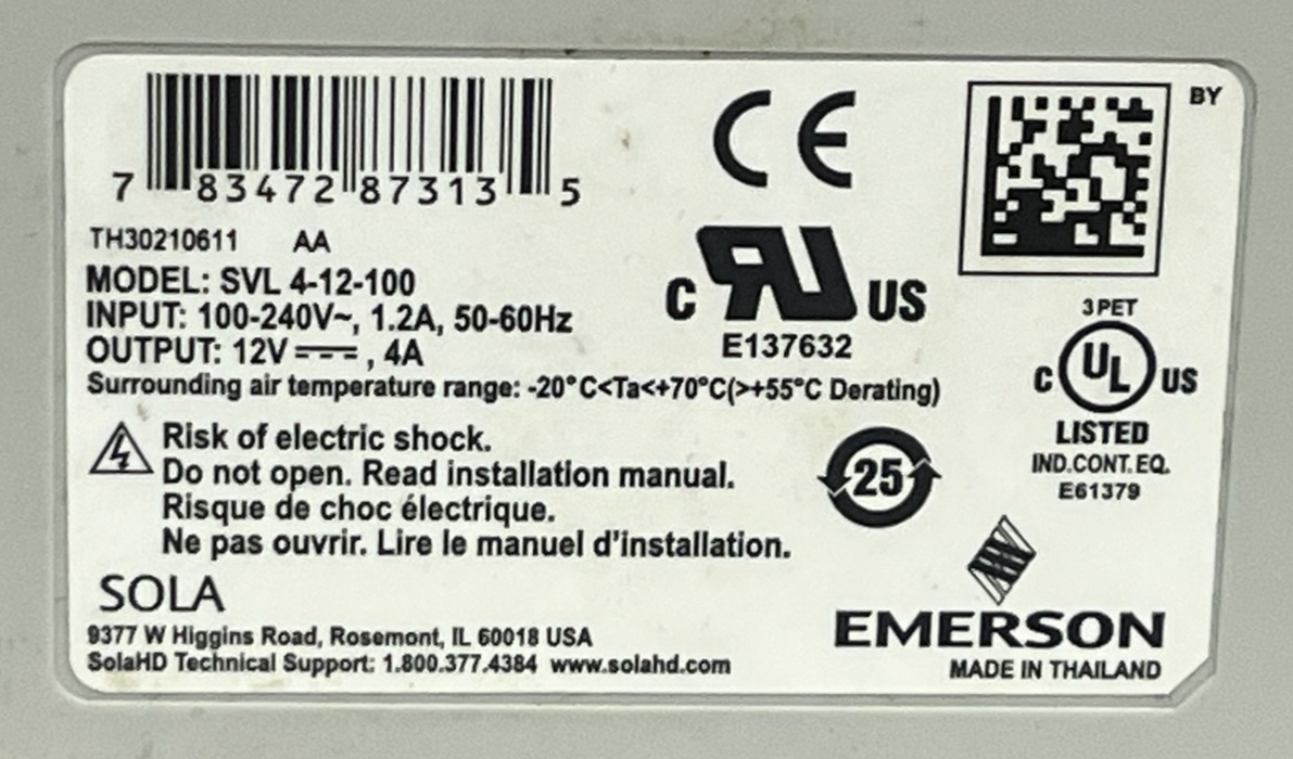 Lot of 3 Emerson SolaHD SVL 4-12-100 DIN Rail Power Supplies 12V 4A 48W