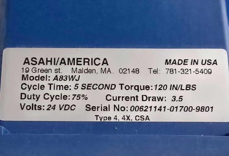 Asahi/America 2002010 Series 83 Electric Actuator 2104750 24V for 1" Ball Valve