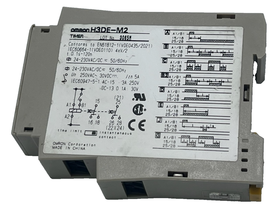Omron H3DE-M2 Multi-Function Timer Relay 24-230V AC/DC DPDT DIN Rail Mount