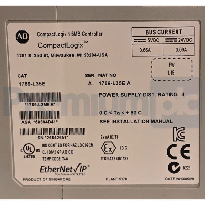 Allen-Bradley 1769-L35E /A CompactLogix 1.5MB Controller FW 1.15 ENet/IP NSNP