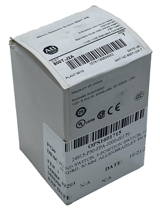 Allen Bradley 800T-J2A Selector Switch - 30mm, 3-Position, Maintained, Series T
