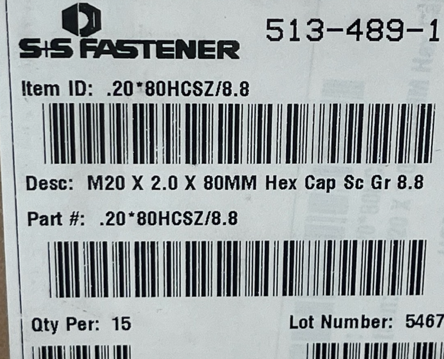15 Pack) M20-2.0 x 80mm Hex Head Cap Screws Grade 8.8 Zinc Plated - S+S Fastener
