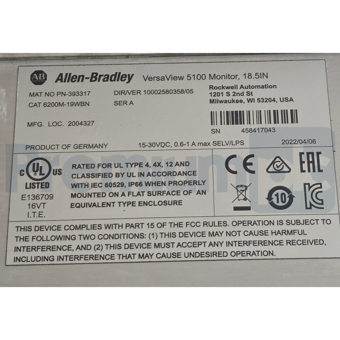 Allen-Bradley 6200M-19WBN /A VersaView 5100 Monitor 18.5" PCAP Touch NSNP (read)