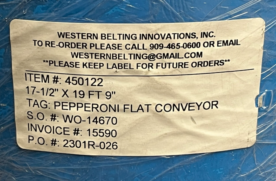 Western Belting 450122 FB3BLES PURclean Conveyor Belt Blue 17-1/2" x 19' 9" NEW