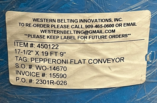 Western Belting 450122 FB3BLES PURclean Conveyor Belt Blue 17-1/2" x 19' 9" NEW