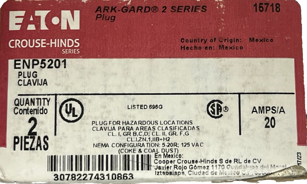 Box of 2 Eaton Crouse-Hinds ENP5201 Ark-Gard 2 Series Plugs | 20A 125V ,  NSMP
