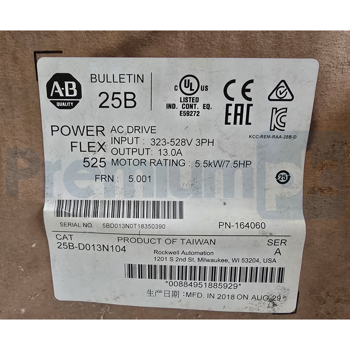 Allen-Bradley 25B-D013N104 /A PowerFlex 525 AC Drive 5.5kW 7.5HP 480V 3PH NSMP