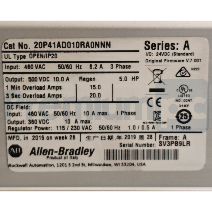 Allen-Bradley 20P41AD010RA0NNN /A PowerFlex DC Drive 5HP 460VAC 3PH w/HMI USPI