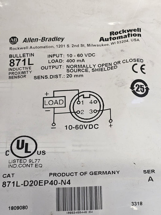 NEW ALLEN BRADLEY 871L-D20EP40-N4 PROXIMITY SWITCH 871LD20EP40N4 SER. A