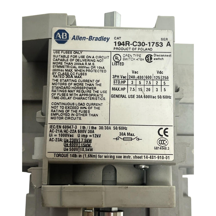 Allen Bradley 194R-C30-1753 Ser A 30A Rotary Disconnect Switch w/ 194R-N2 Handle