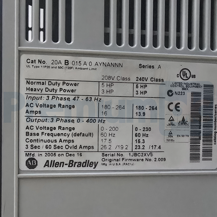 Allen-Bradley 20AB015A0AYNANNN /A PowerFlex 70 VFD 5HP 240V 3-Ph AC Drive USPI