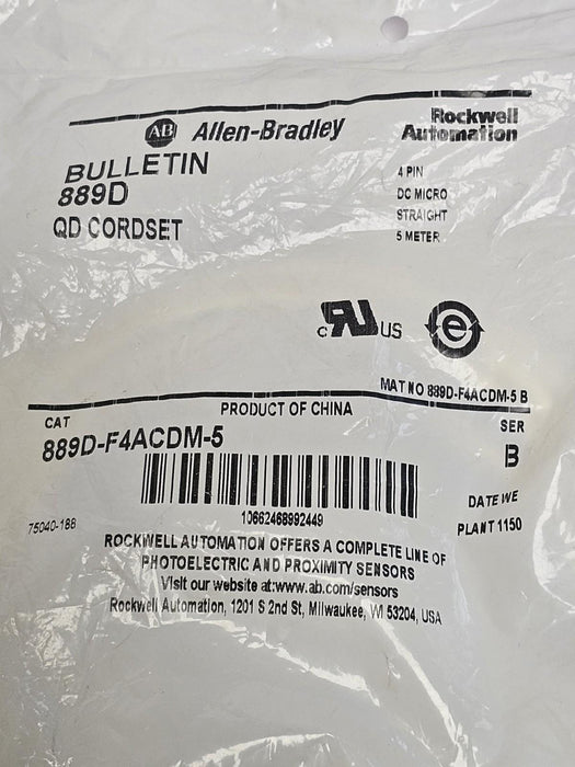 NEW ALLEN BRADLEY 889D-F4ACDM-5 QD CORDSET 4-PIN 5M SER. B 889DF4ACDM5
