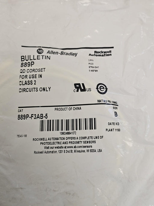 NEW ALLEN BRADLEY 889P-F3AB-5 SER. B 3-PIN 5M QD CORDSET 889PF3AB5