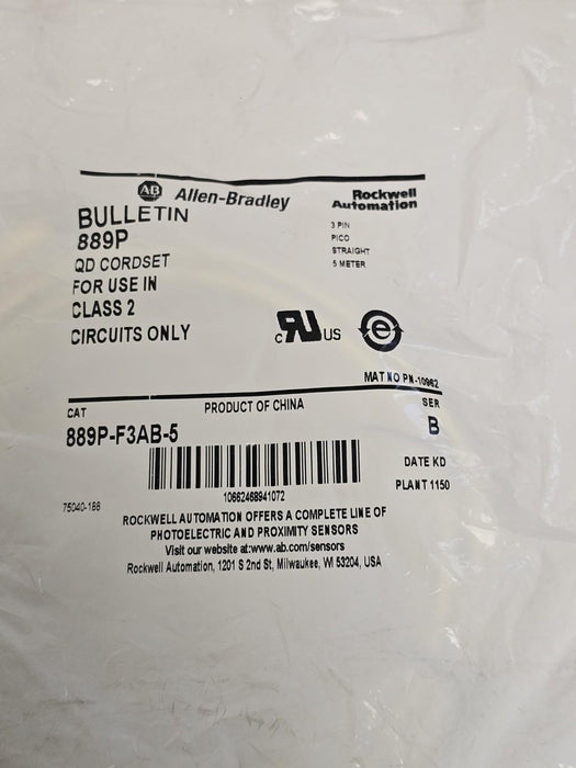 NEW ALLEN BRADLEY 889P-F3AB-5 SER. B 3-PIN 5M QD CORDSET 889PF3AB5