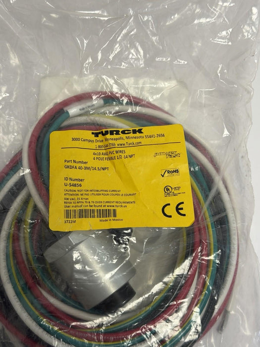 NEW TURCK GKDFA 40-3M/14.5/NPT RECEPTACLE ID NUMBER: U-54856 / 3 METERS