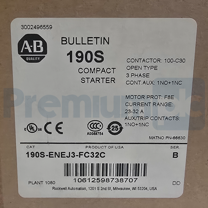 Allen-Bradley 190S-ENEJ3-FC32C /B 190S Compact Starter 23-32A 24V DC Coil NSFS