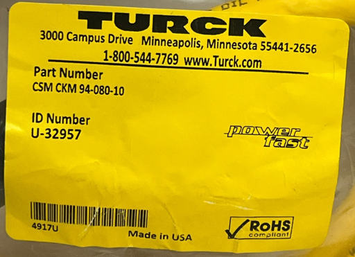 Turck CSM CKM 94-080-10 Powerfast Extension Cordset 4-Pin 10m , NSFS