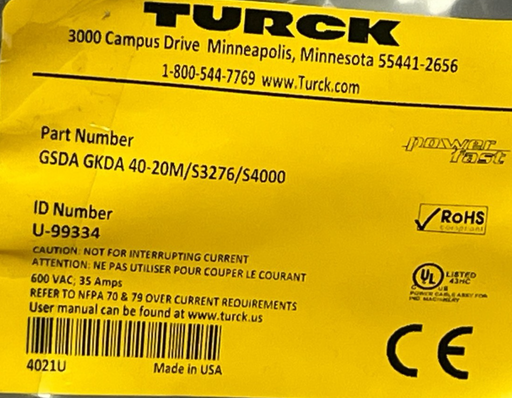 Turck GSDA GKDA 40-20M/S3276/S4000 Powerfast Cable 20m 4-Pin NEW