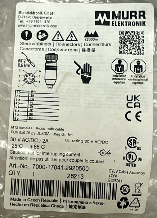 Murrelektronik 7000-17041-2920500 M12 Female Straight Cable 5m NEW