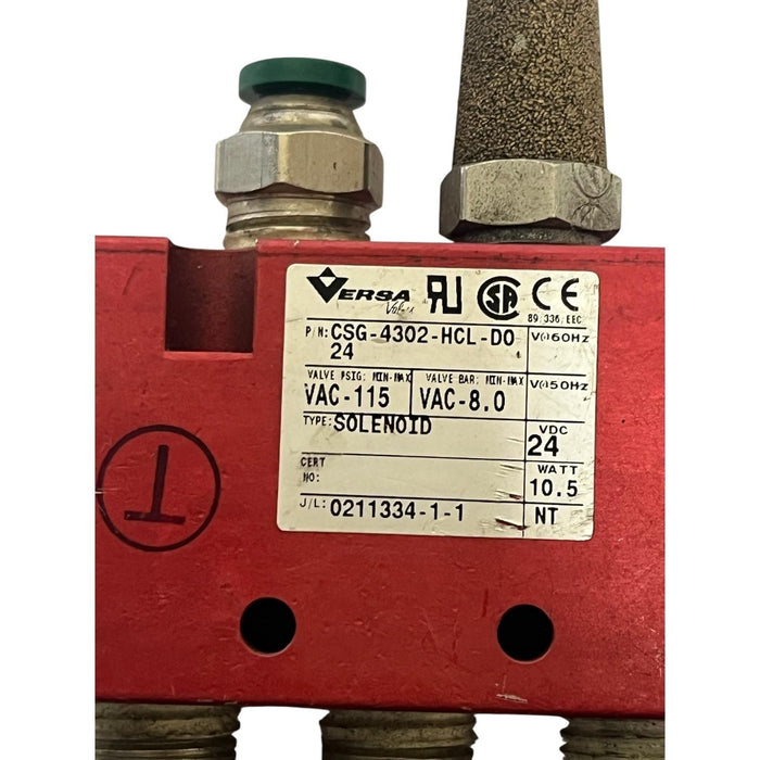 (2) Versa CSG-4302-HCL-DO-24 Pneumatic Solenoid Valves 24VDC 1/4" NPT 115 PSI