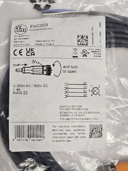 NEW IFM ADOGH040MSS0010H04 CONNECTING CABLE EVC003 LENGTH 10M