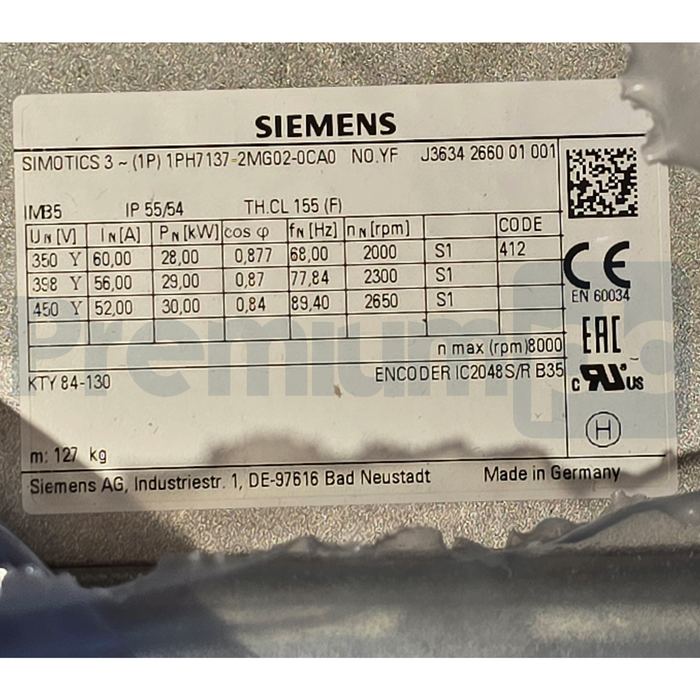 Siemens 1PH7137-2MG02-0CA0 SIMOTICS M CNC Spindle Servo Motor  28-30kW NSMP