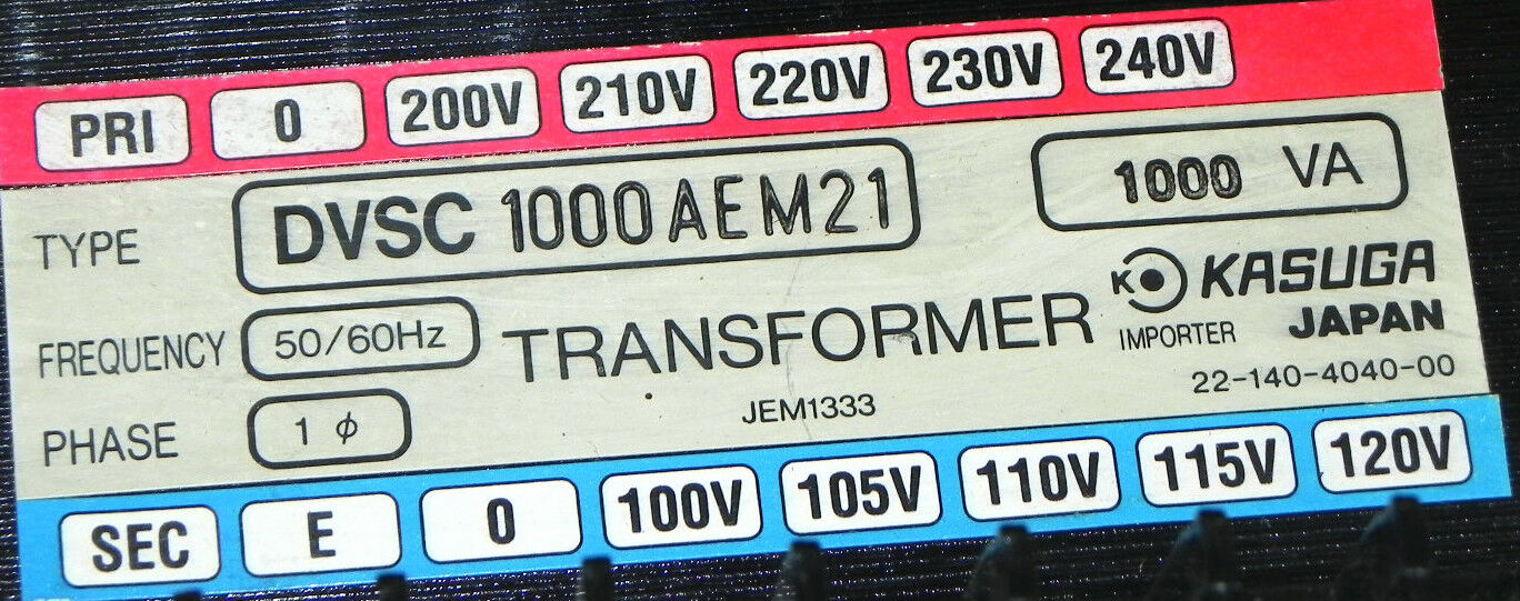 KASUGA DVSC 1000AEM21 TRANSFORMER 1000 VA, 1P, 50/60Hz, DVSC1000AEM21