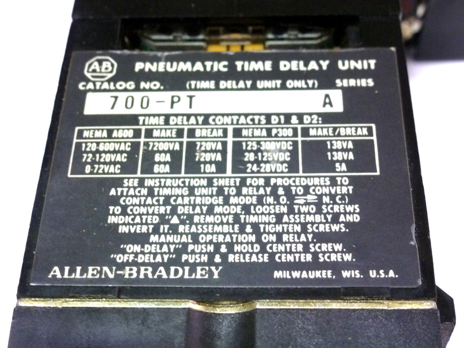 ALLEN BRADLEY 700-P400A1 RELAY SER. B W/ 700-PT SER. A TIME DELAY UNIT 700P400A1