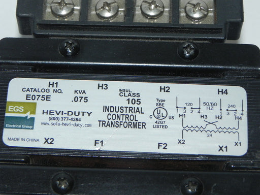 SOLA E075E INDUSTRIAL CONTROL TRANSFORMER .075 KVA CLASS 105 HEVI-DUTY