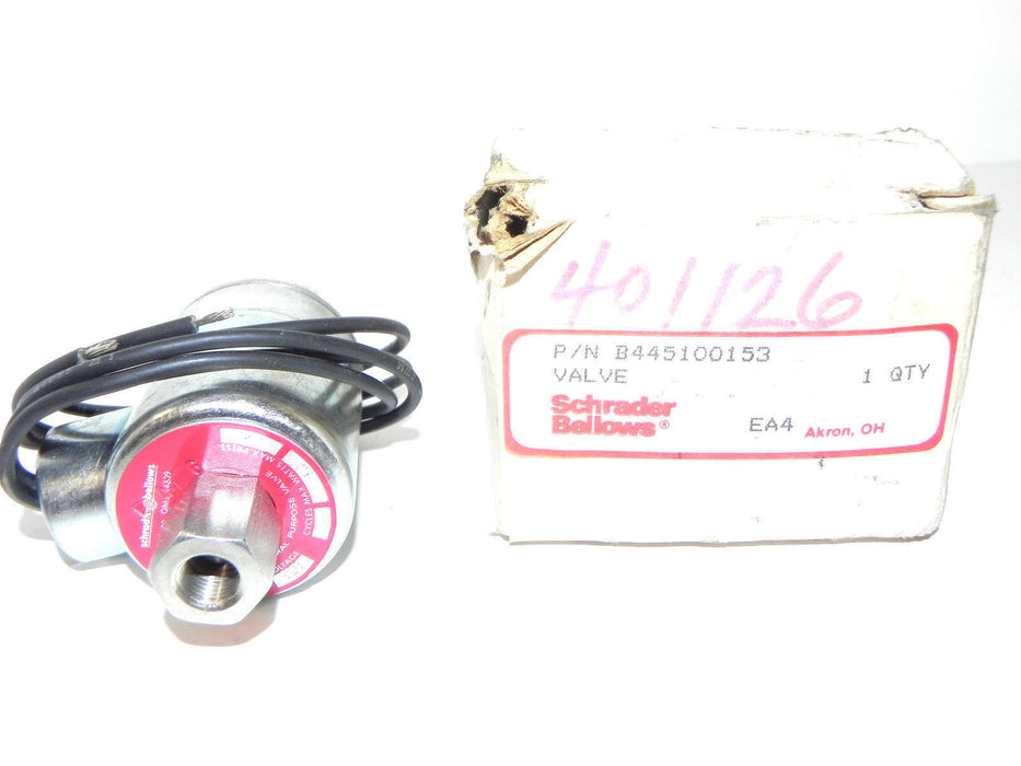 NIB SCHRADER BELLOWS B445100153 SOLENOID VALVE 120V, 60 CYCLES MAX. WATTS 12