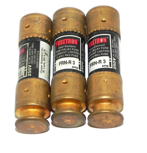 LOT OF 3 BUSSMANN FRN-R-3 FUSETRON DUAL-ELEMENT CLASS RK5 FUSES 250V 3AMP
