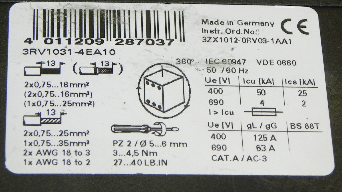 SIEMENS 3RV1-031-4EA10 SIRIUS COMBINATION MOTOR CONTROLLER 3RV10314EA10