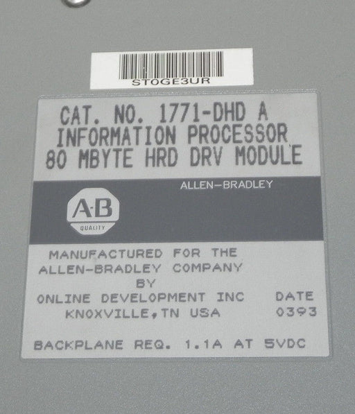 ALLEN BRADLEY 1771-DHD INFORMATION PROCESSOR 80 MBYTE HRD DRV MODULE 1771-DHD/A