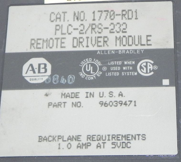 ALLEN BRADLEY 1770-RD1 PLC-2/RS-232 REMOTE DRIVER MODULE PART NO. 96039471