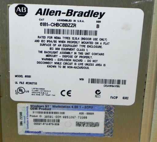 ALLEN BRADLEY 6181-CHBCBBZZR INDUSTRIAL COMPUTER 6181CHBCBBZZR SER. B