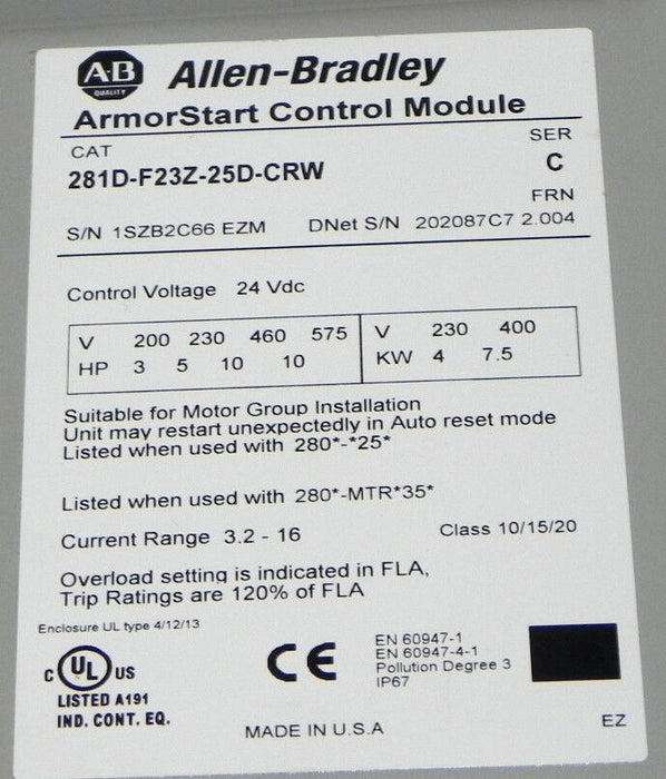 ALLEN BRADLEY 281D-F23Z-25D-CRW ARMORSMART CONTROL MODULE W/ 280D-FN-10-C BASE