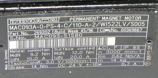INDRAMAT MAC093A-0-PS-4-C/110-A-2/WI522LV/S005 PERMANENT MAGNET MOTOR