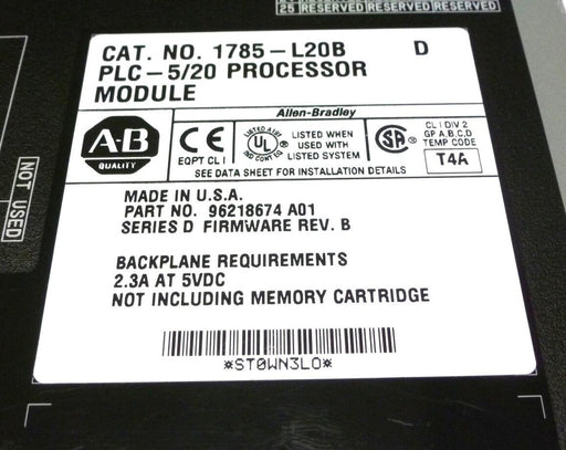 ALLEN BRADLEY 1785-L20B SER D PLC-5/20 PROCESSOR MODULE FIRMWARE REV. B 1785L20B