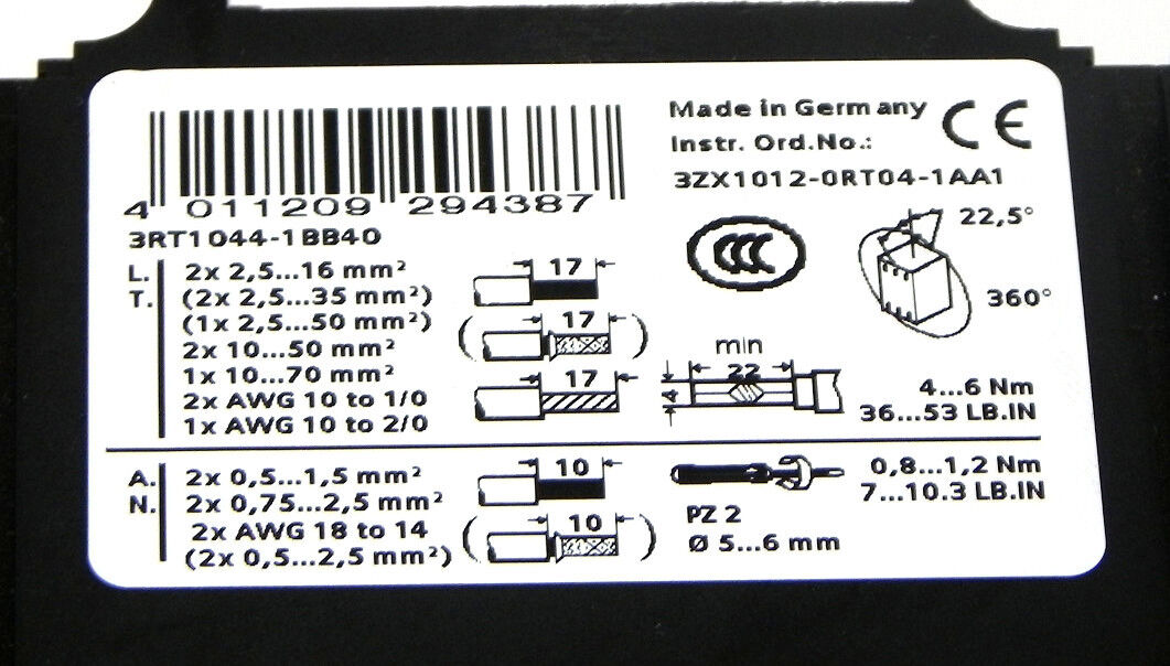 SIEMENS 3RT1-044-1BB40 CONTACTOR 3RT10441BB40