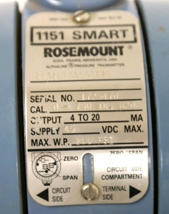 ROSEMOUNT 1151LT5SD0B22D PRESSURE TRANSMITTER 45V-DC 0-750 IN-H2O 1151-0011-0052