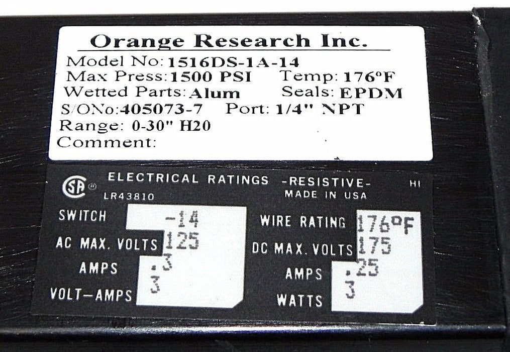 NEW ORANGE RESEARCH INC. 1516DS-1A-14 FLOW CONTROL DIFFERENTIAL, 1516DS1A14