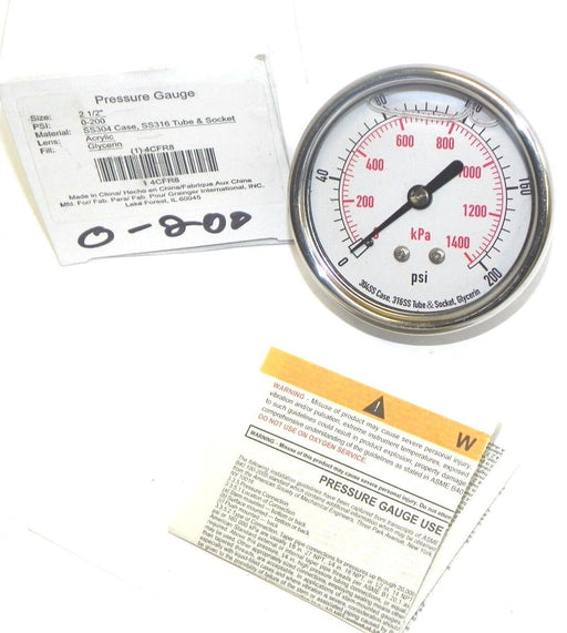 NIB GRAINGER 4CFR8 PRESSURE GAUGE 2 1/2'' PSI: 0-200, SS304 CASE, SS316 TUBE