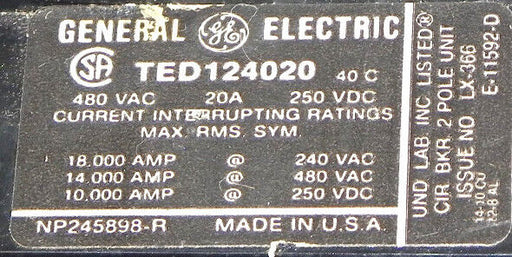 GENERAL ELECTRIC TED124020 CIRCUIT BREAKER 480V, 20A, 250VDC, 2POLE