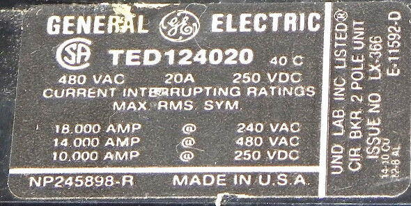 GENERAL ELECTRIC TED124020 CIRCUIT BREAKER 480V, 20A, 250VDC, 2POLE