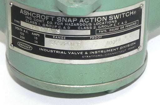 ASHCROFT T7 T7.T S SNAP ACTION SWITCH T7T7TS, 15A, RANGE: 150-260 DEG. F